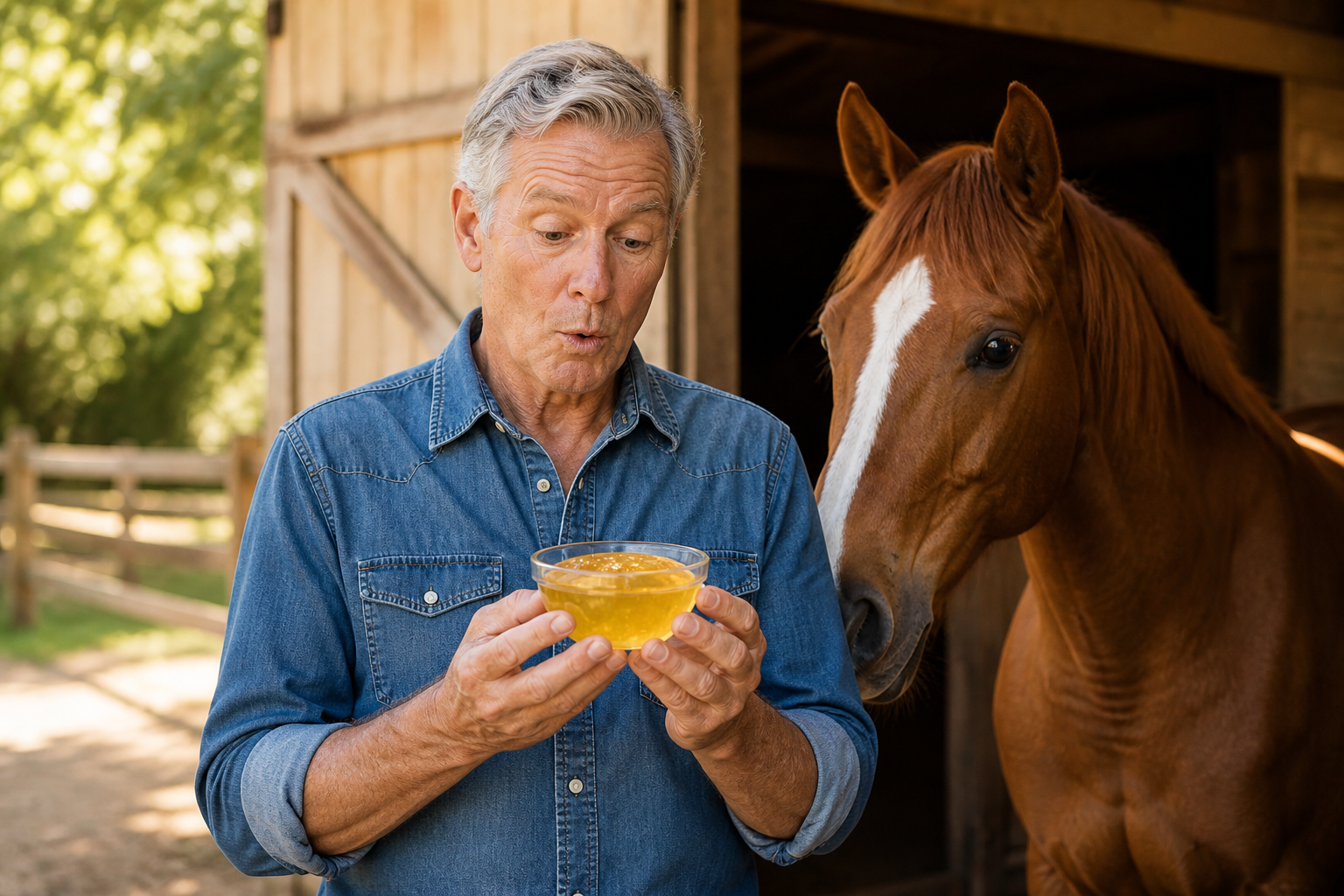 A man over 50 examining a bowl of gelatin beside a horse